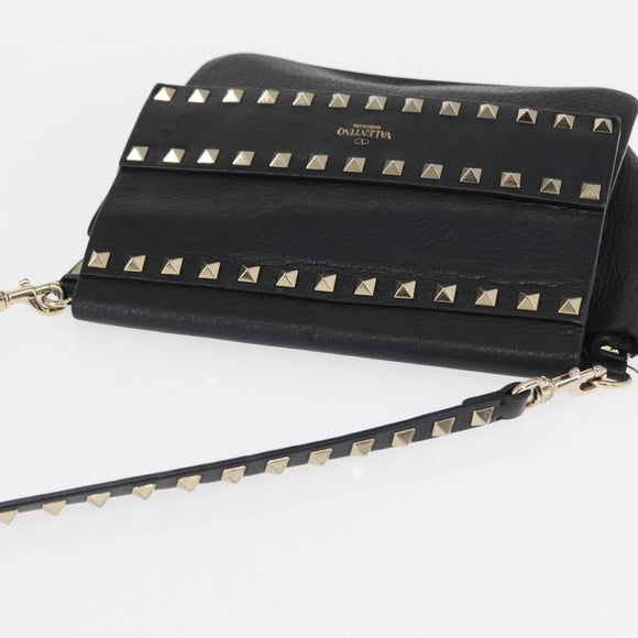 VALENTINO Rock Studs Shoulder Bag Leather Black Gold Auth bs31636