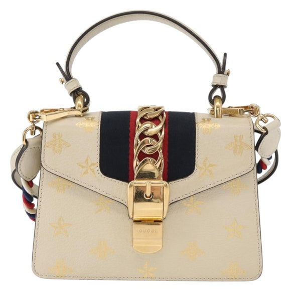 GUCCI Silvi Sherry Line Hand Bag Leather 2way Beige Gold 470270 Auth bs31644