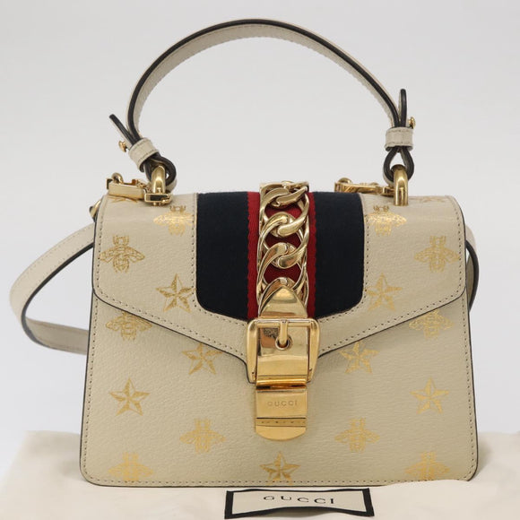 GUCCI Silvi Sherry Line Hand Bag Leather 2way Beige Gold 470270 Auth bs31644