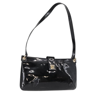 Salvatore Ferragamo Gancini Shoulder Bag Enamel Black Gold Auth bs31656