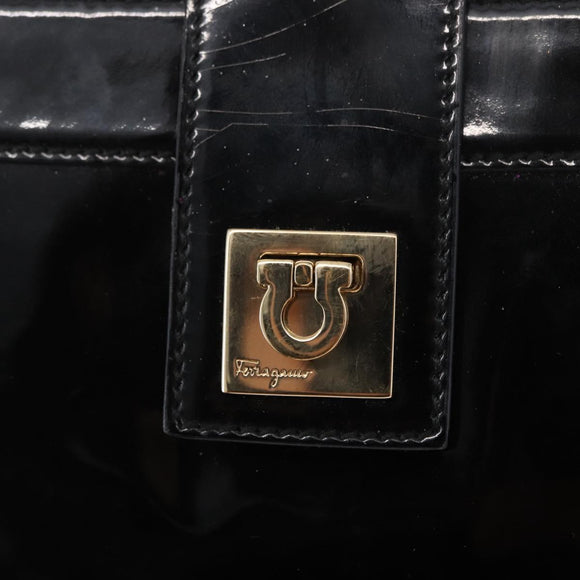 Salvatore Ferragamo Gancini Shoulder Bag Enamel Black Gold Auth bs31656