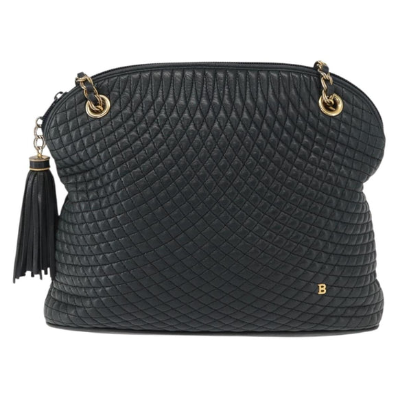 BALLY Chain Shoulder Bag Leather Navy Gold Auth bs31671