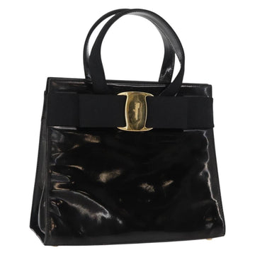 Salvatore Ferragamo Vala Hand Bag Enamel Black Gold Auth bs31709