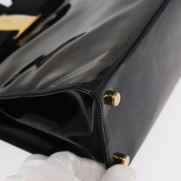 Salvatore Ferragamo Vala Hand Bag Enamel Black Gold Auth bs31709