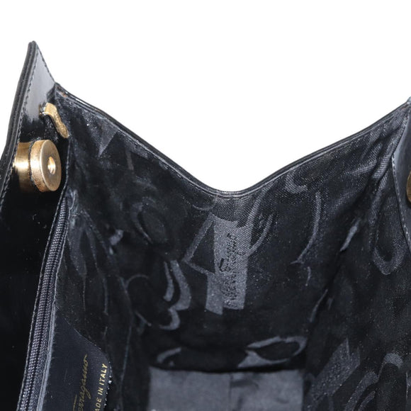 Salvatore Ferragamo Vala Hand Bag Enamel Black Gold Auth bs31709