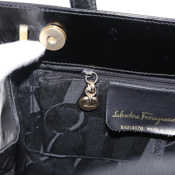 Salvatore Ferragamo Vala Hand Bag Enamel Black Gold Auth bs31709