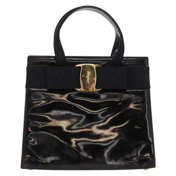 Salvatore Ferragamo Vala Hand Bag Enamel Black Gold Auth bs31709