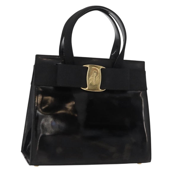 Salvatore Ferragamo Vala Hand Bag Enamel Black Gold Auth bs31711