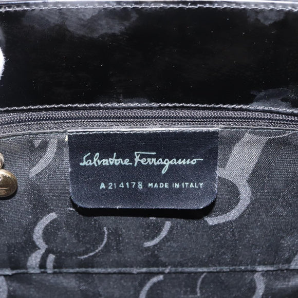 Salvatore Ferragamo Vala Hand Bag Enamel Black Gold Auth bs31711