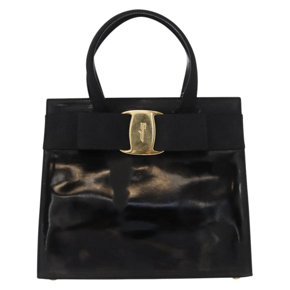 Salvatore Ferragamo Vala Hand Bag Enamel Black Gold Auth bs31711