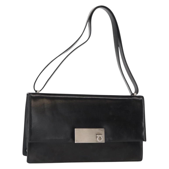 Salvatore Ferragamo Gancini Shoulder Bag Leather Black Silver Auth bs31712
