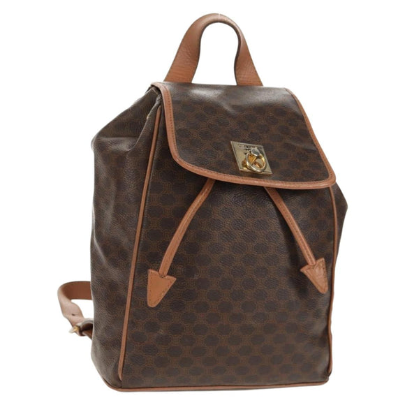 CELINE Macadam Canvas Backpack PVC Leather Brown Gold Auth bs31713