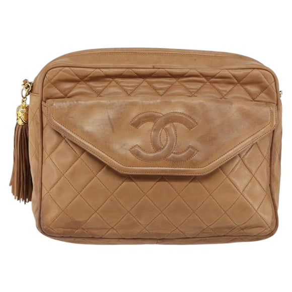 CHANEL Matelasse Fringe Chain Shoulder Bag Lamb Skin Brown Gold CC Auth bs31725