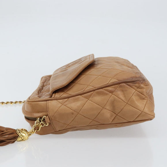 CHANEL Matelasse Fringe Chain Shoulder Bag Lamb Skin Brown Gold CC Auth bs31725