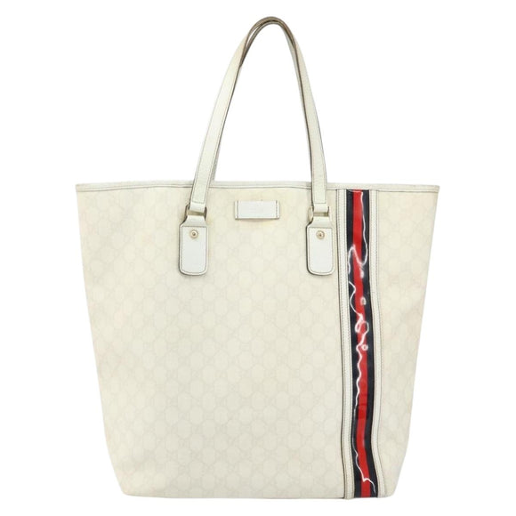 GUCCI GG Supreme Tote Bag PVC Leather White Gold 152630 Auth bs31729