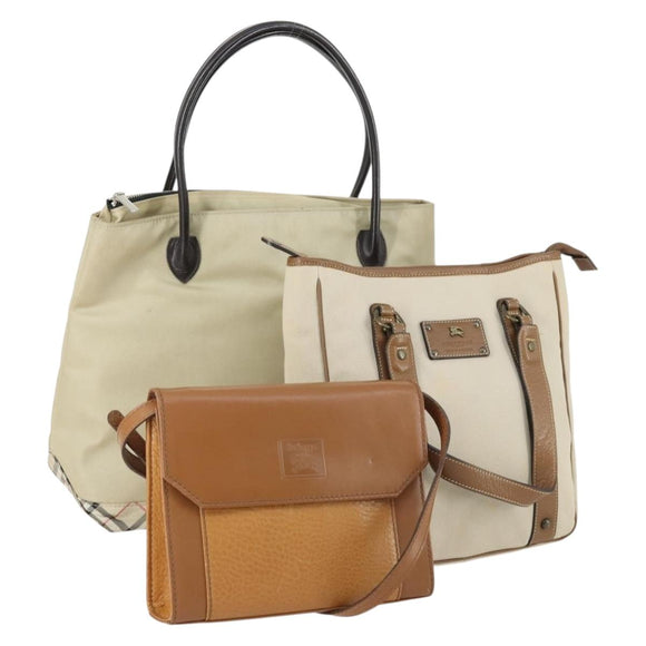 BURBERRY Tote Bag Nylon Canvas Leather 3 Set Beige Brown Auth bs31741