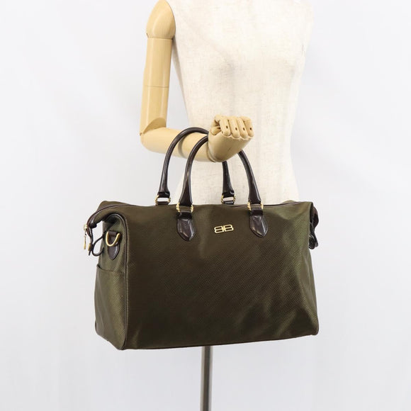 BALENCIAGA Boston Bag Nylon Leather 2way Khaki Gold Auth bs31750