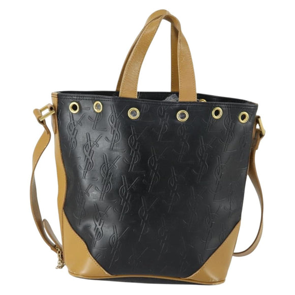 SAINT LAURENT Hand Bag Leather PVC 2way Black Brown gold Auth bs31752
