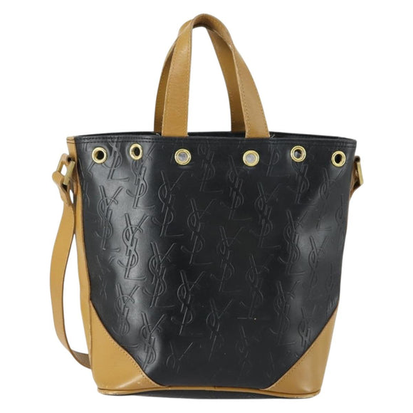 SAINT LAURENT Hand Bag Leather PVC 2way Black Brown gold Auth bs31752