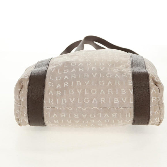 BVLGARI Logo Mania Tote Bag Canvas Beige Brown Silver Auth bs31753