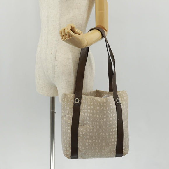 BVLGARI Logo Mania Tote Bag Canvas Beige Brown Silver Auth bs31753
