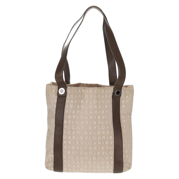 BVLGARI Logo Mania Tote Bag Canvas Beige Brown Silver Auth bs31753