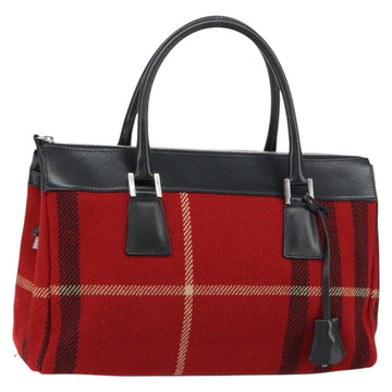 BURBERRY Nova Check Hand Bag Wool Leather Red Black Silver Auth bs31760