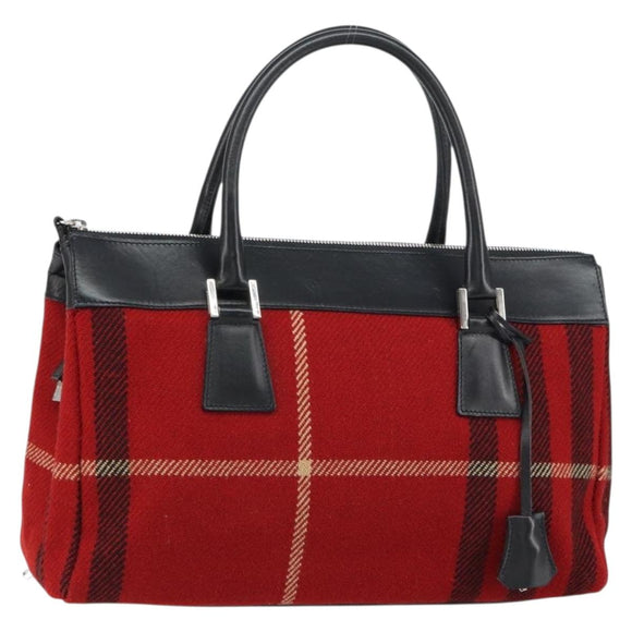 BURBERRY Nova Check Hand Bag Wool Leather Red Black Silver Auth bs31760