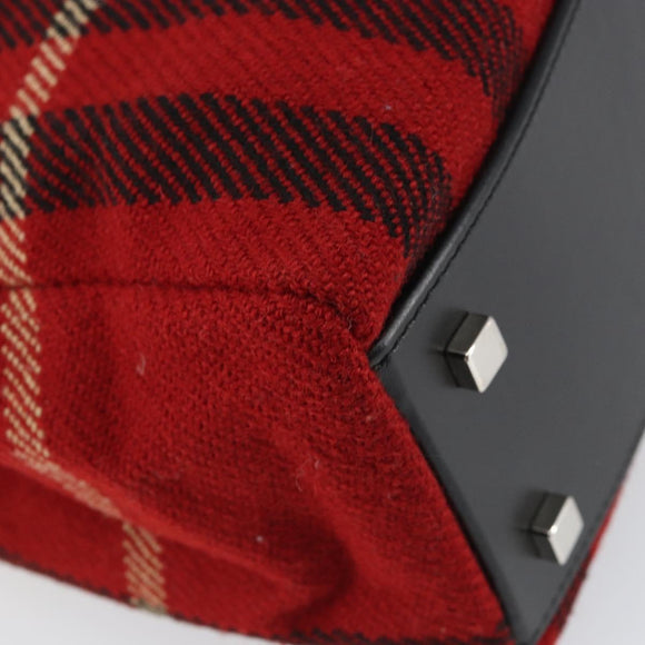 BURBERRY Nova Check Hand Bag Wool Leather Red Black Silver Auth bs31760