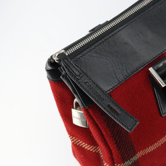 BURBERRY Nova Check Hand Bag Wool Leather Red Black Silver Auth bs31760