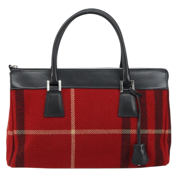 BURBERRY Nova Check Hand Bag Wool Leather Red Black Silver Auth bs31760