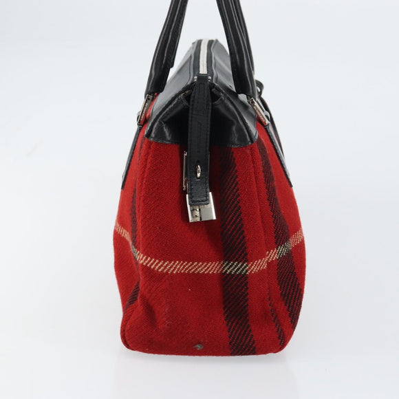 BURBERRY Nova Check Hand Bag Wool Leather Red Black Silver Auth bs31760