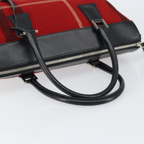 BURBERRY Nova Check Hand Bag Wool Leather Red Black Silver Auth bs31760
