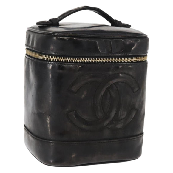 CHANEL Vanity Pouch Enamel Black Gold CC Auth bs31792