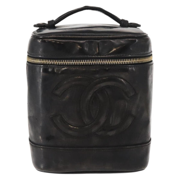 CHANEL Vanity Pouch Enamel Black Gold CC Auth bs31792
