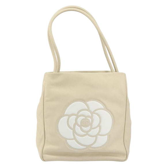 CHANEL Camelia Tote Bag Leather Beige Gold CC Auth bs31794