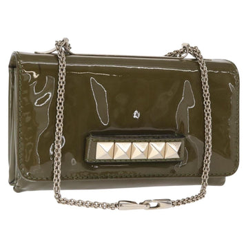VALENTINO Studs Chain Shoulder Bag Enamel Khaki Gold Auth bs31799