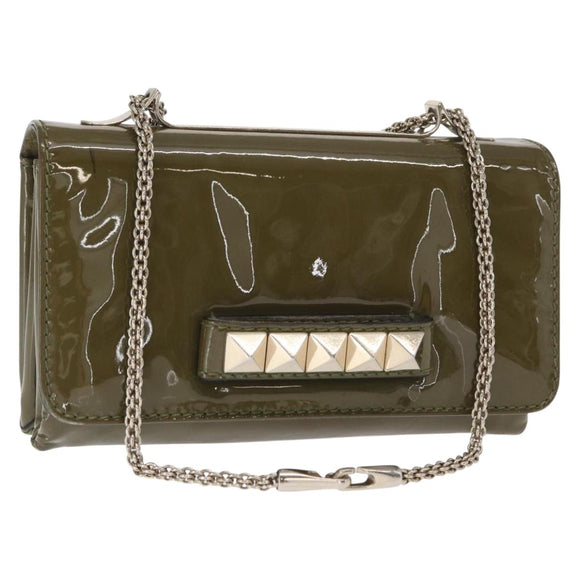 VALENTINO Studs Chain Shoulder Bag Enamel Khaki Gold Auth bs31799
