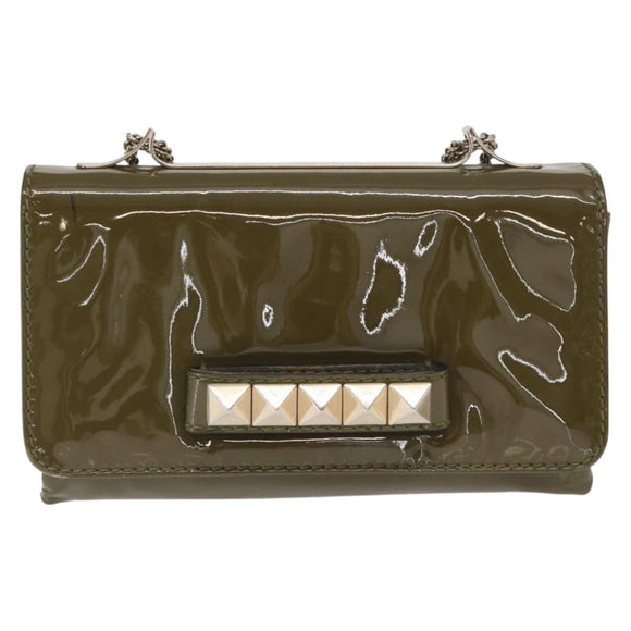 VALENTINO Studs Chain Shoulder Bag Enamel Khaki Gold Auth bs31799