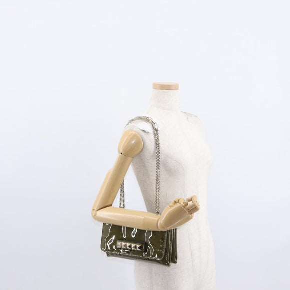 VALENTINO Studs Chain Shoulder Bag Enamel Khaki Gold Auth bs31799