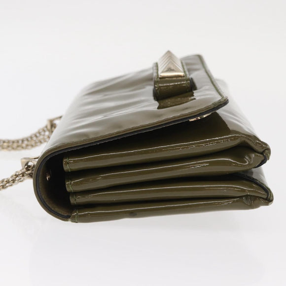 VALENTINO Studs Chain Shoulder Bag Enamel Khaki Gold Auth bs31799