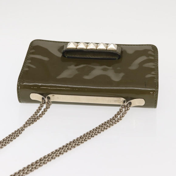 VALENTINO Studs Chain Shoulder Bag Enamel Khaki Gold Auth bs31799