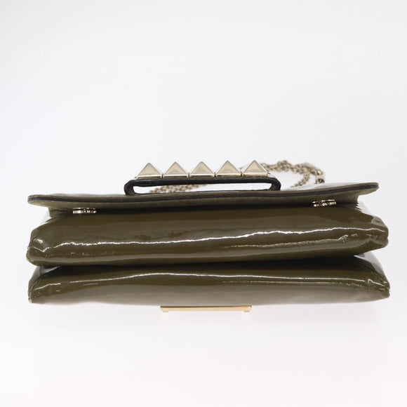 VALENTINO Studs Chain Shoulder Bag Enamel Khaki Gold Auth bs31799