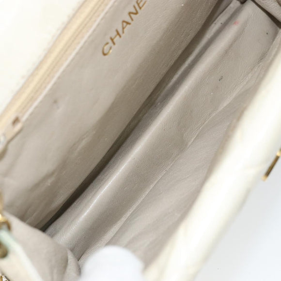CHANEL Matelasse Chain Shoulder Bag Lamb Skin White Gold CC Auth bs31806