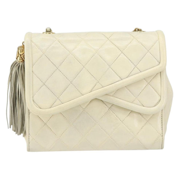 CHANEL Matelasse Chain Shoulder Bag Lamb Skin White Gold CC Auth bs31806