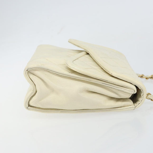 CHANEL Matelasse Chain Shoulder Bag Lamb Skin White Gold CC Auth bs31806