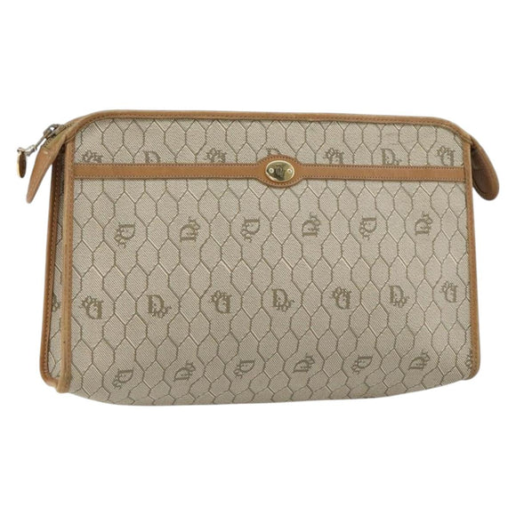 Christian Dior Honeycomb Canvas Clutch Bag PVC Beige Gold Auth bs31814