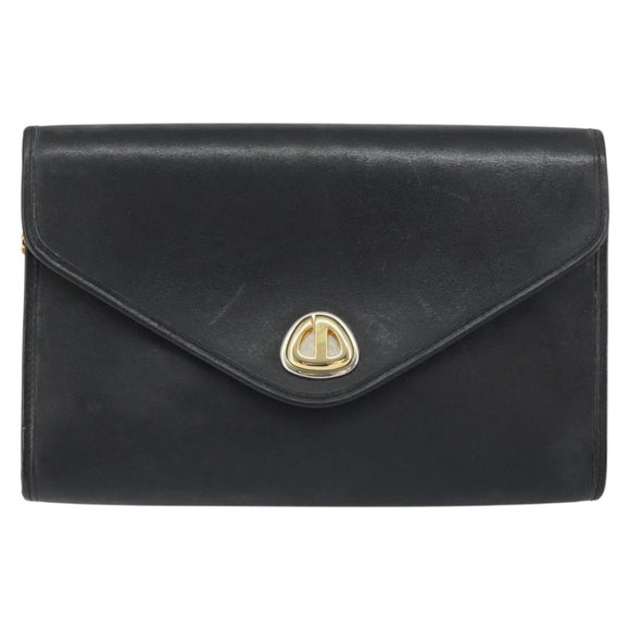 Christian Dior Chain Shoulder Bag Leather Black Gold Auth bs31815