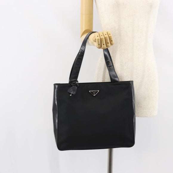 PRADA Tote Bag Nylon Enamel Black Silver Auth bs31837
