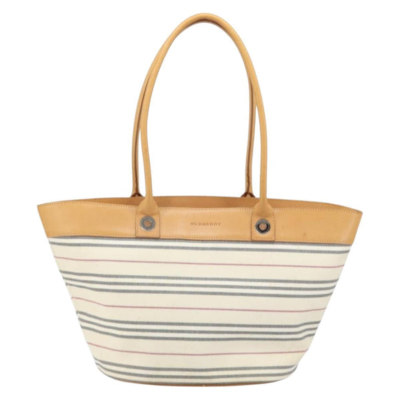BURBERRY Tote Bag Canvas Leather White Gold Auth bs31858